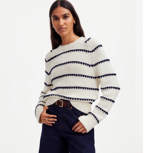 Madewell Sweaters - Madewell Textured Cotton Crewneck Sweater Stripe Ivory Navy XS Coastal FA24
